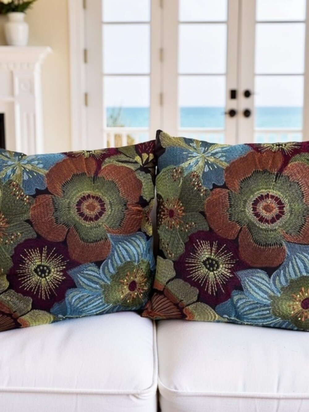 Set of 2 Pier 1 Floral Embroidered Throw Pillows Vibrant Blue Orange Green Red